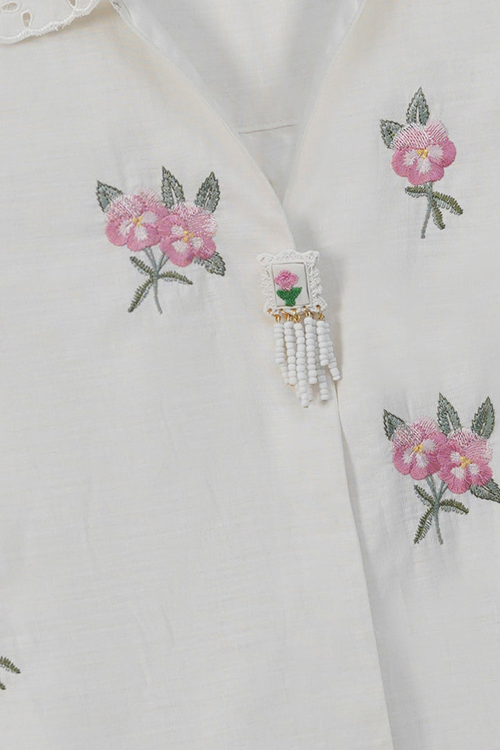 WHITE PEONY SHIRT WITH HANDMADE BROOCH