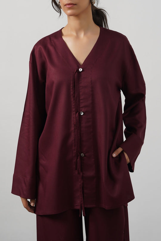 BURGUNDY FREESTYLE BOW BLOUSE