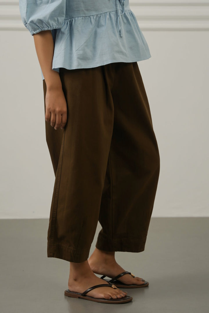 BROWN COTTON HERRINGBONE PANTS