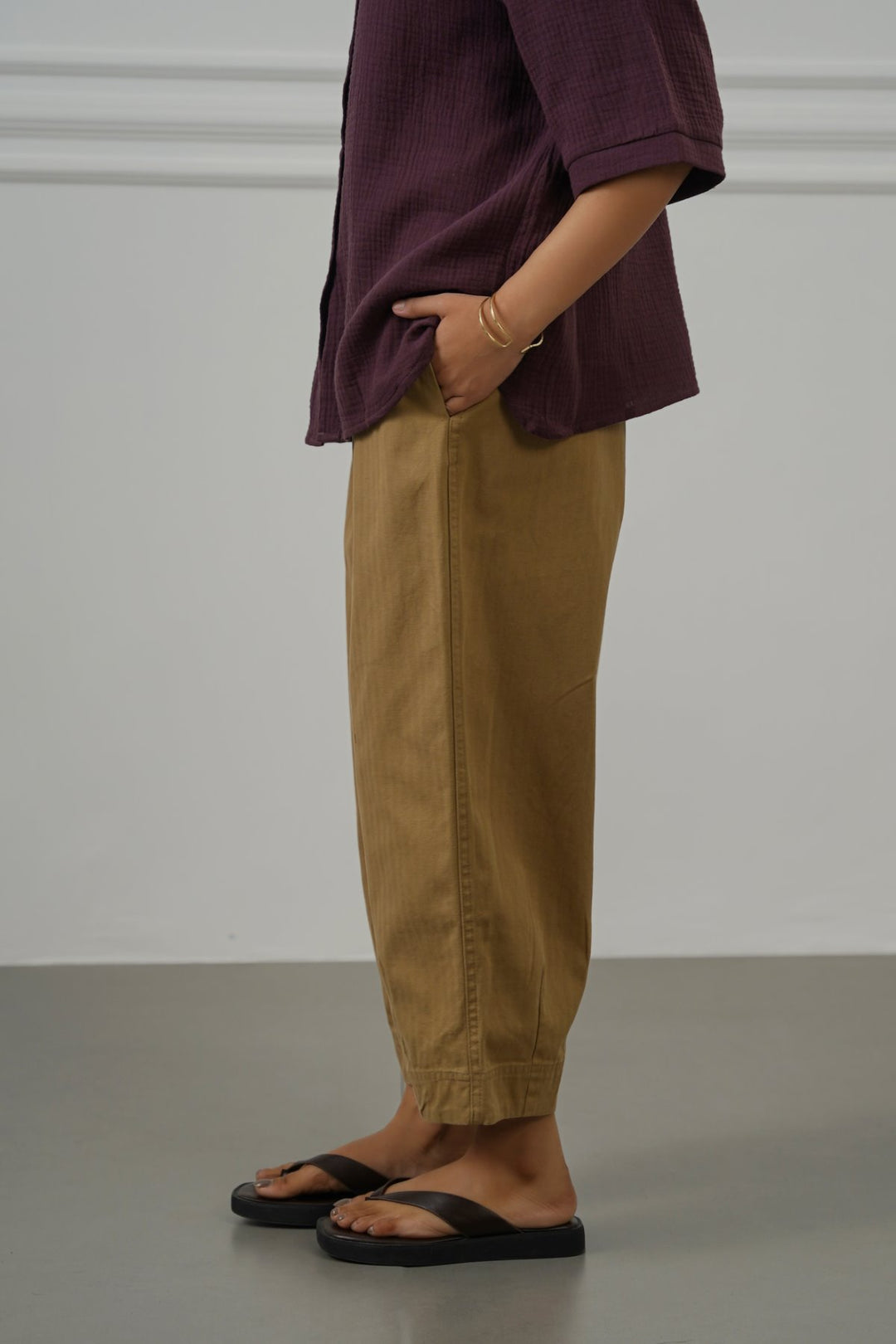 TAUPE COTTON HERRINGBONE PANTS