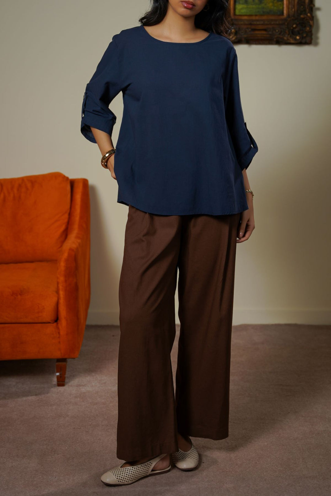 BROWN PLEAT LINEN BLEND PANTS