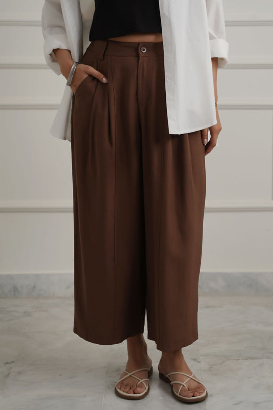 BROWN COTTON-TENCEL CROPPED PANTS