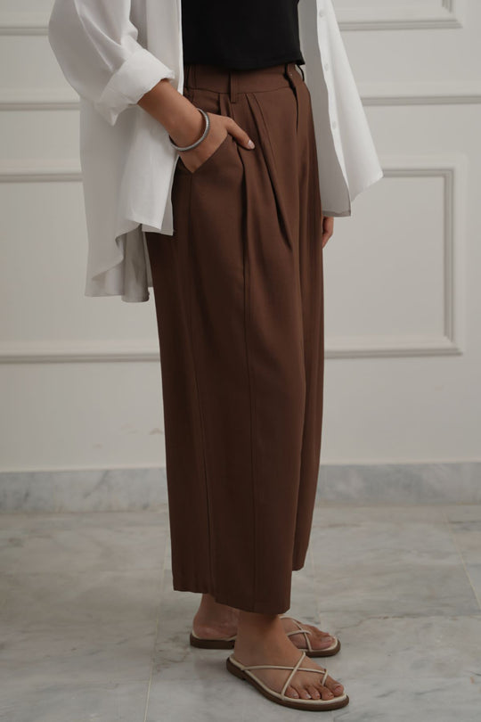 BROWN COTTON-TENCEL CROPPED PANTS