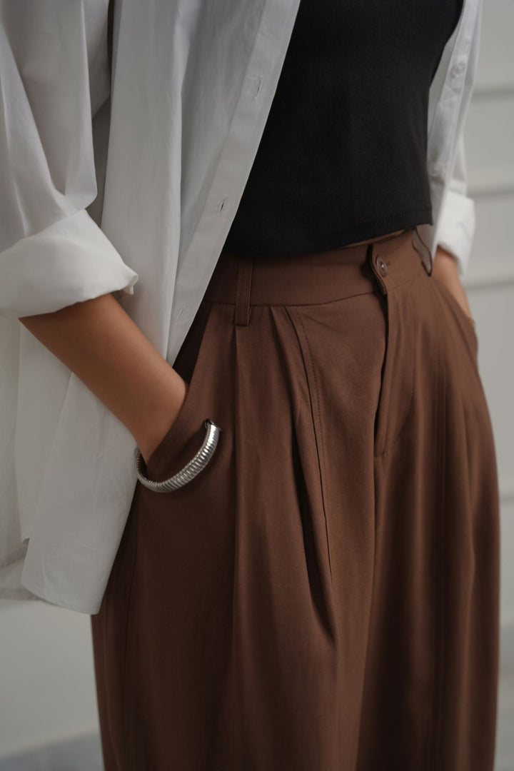 BROWN COTTON-TENCEL CROPPED PANTS