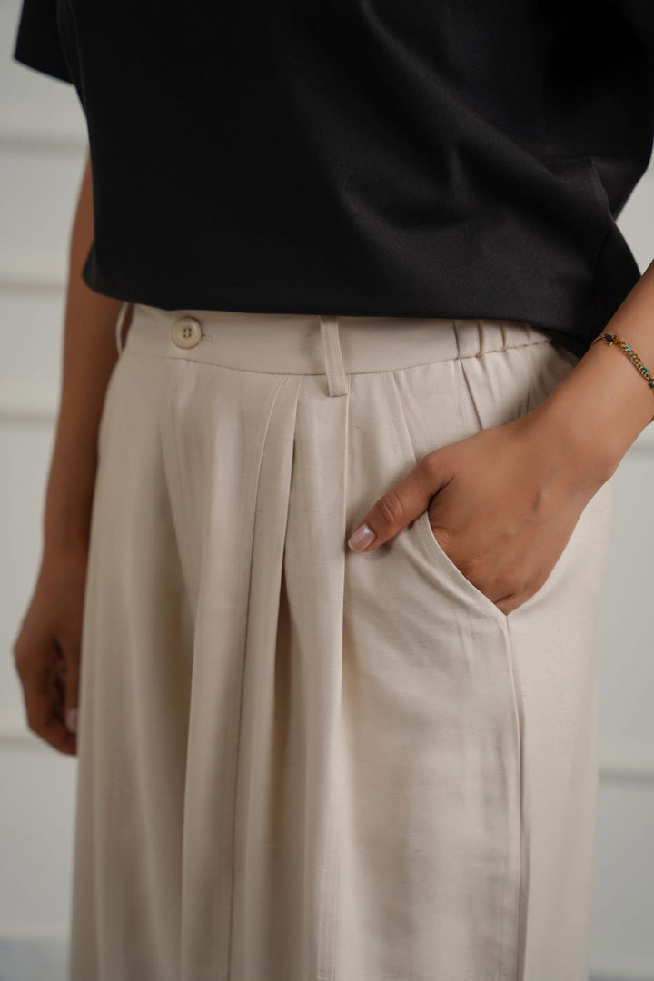 OAT WHITE COTTON-TENCEL CROPPED PANTS