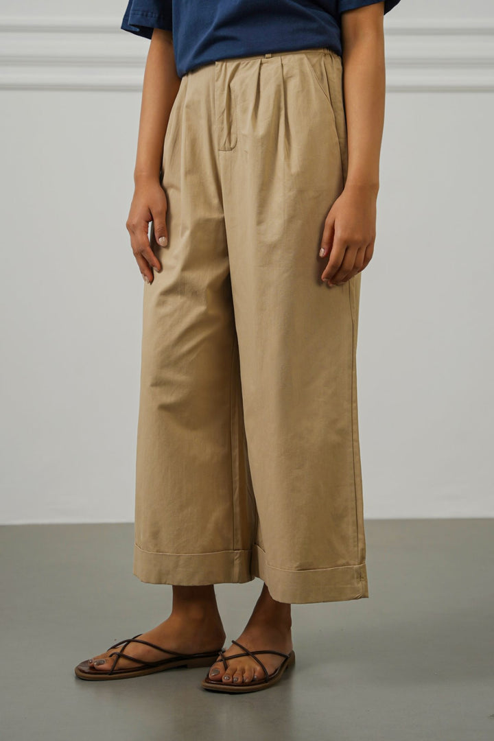 BEIGE POPLIN TURN UP PANTS