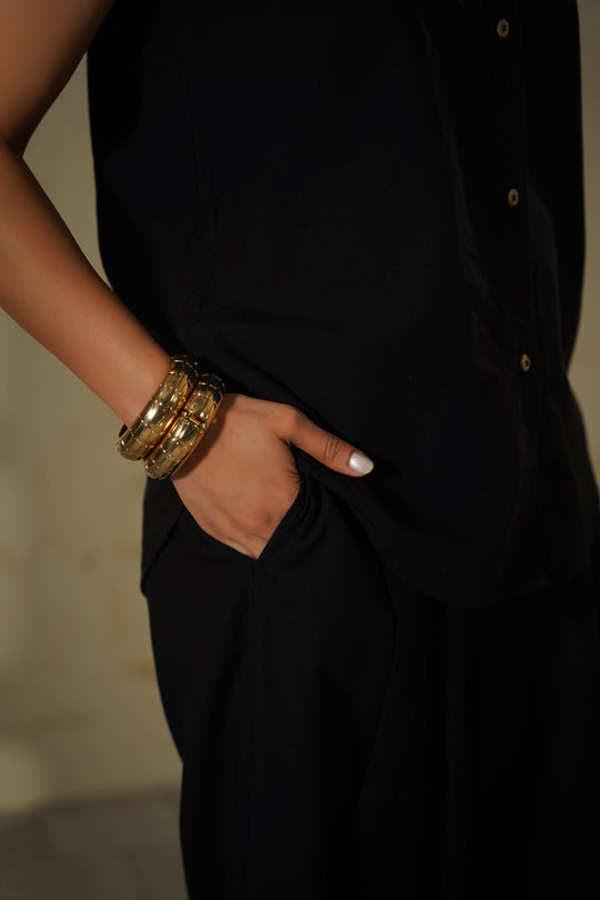 BLACK COTTON LINEN PLEAT PANTS