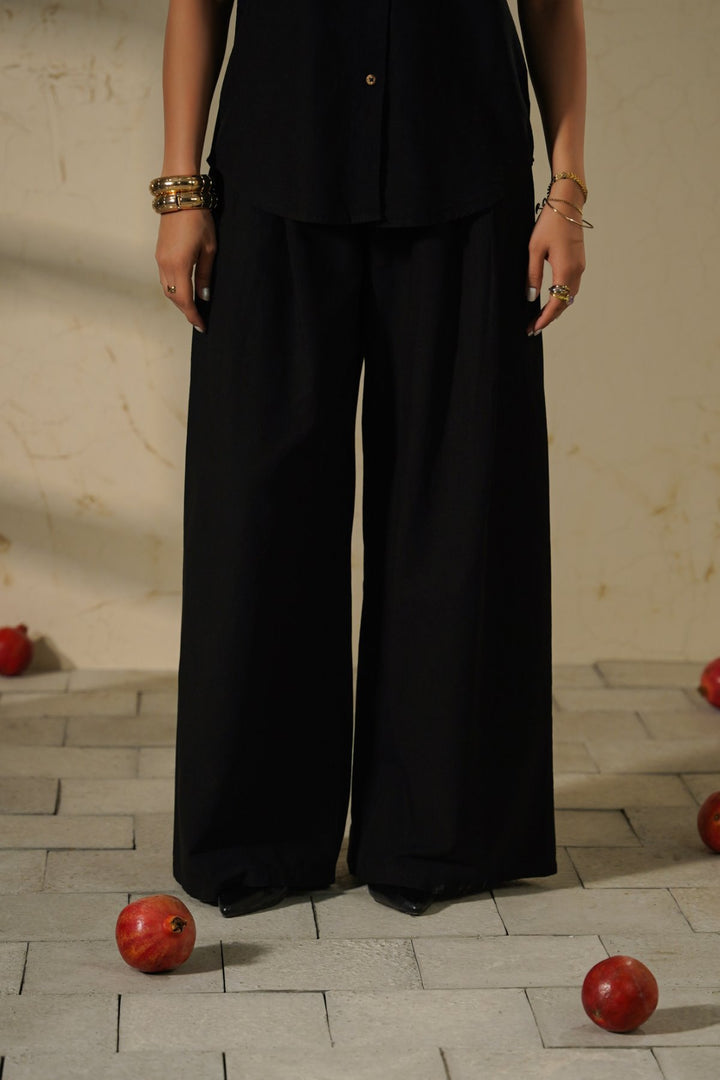 BLACK COTTON LINEN PLEAT PANTS
