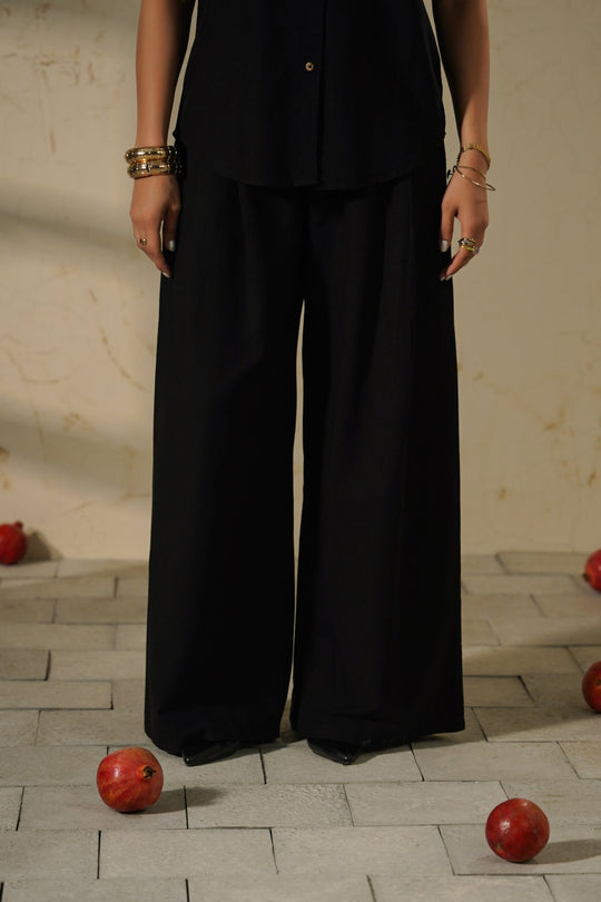 BLACK COTTON LINEN PLEAT PANTS