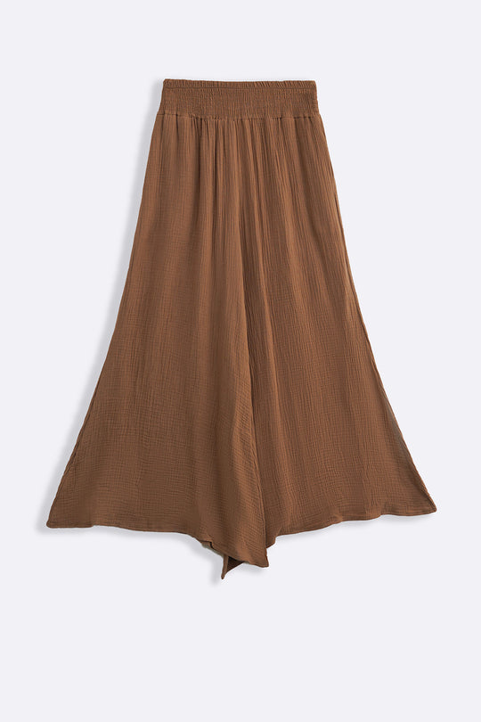 BROWN SMOCKED WAIST MUSLIN PANTS