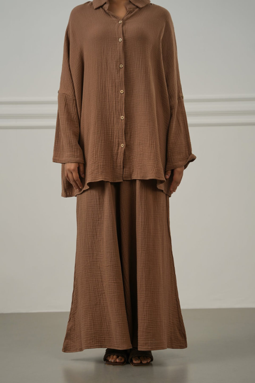 BROWN SMOCKED WAIST MUSLIN PANTS