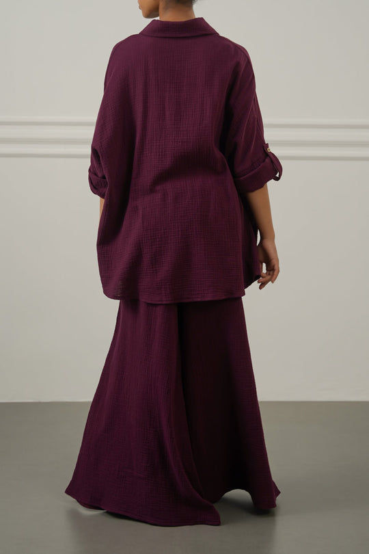 WINE SMOCKED WAIST MUSLIN PANTS