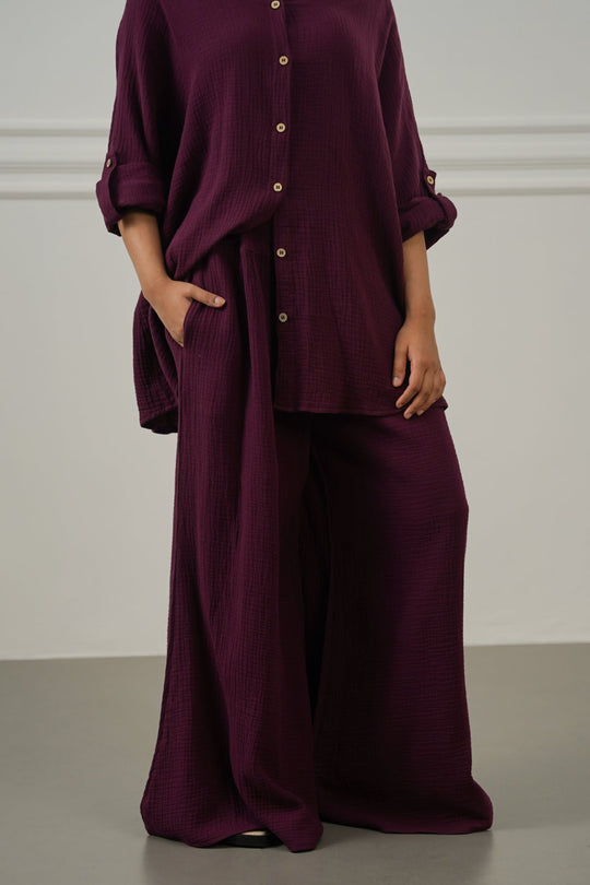 WINE SMOCKED WAIST MUSLIN PANTS