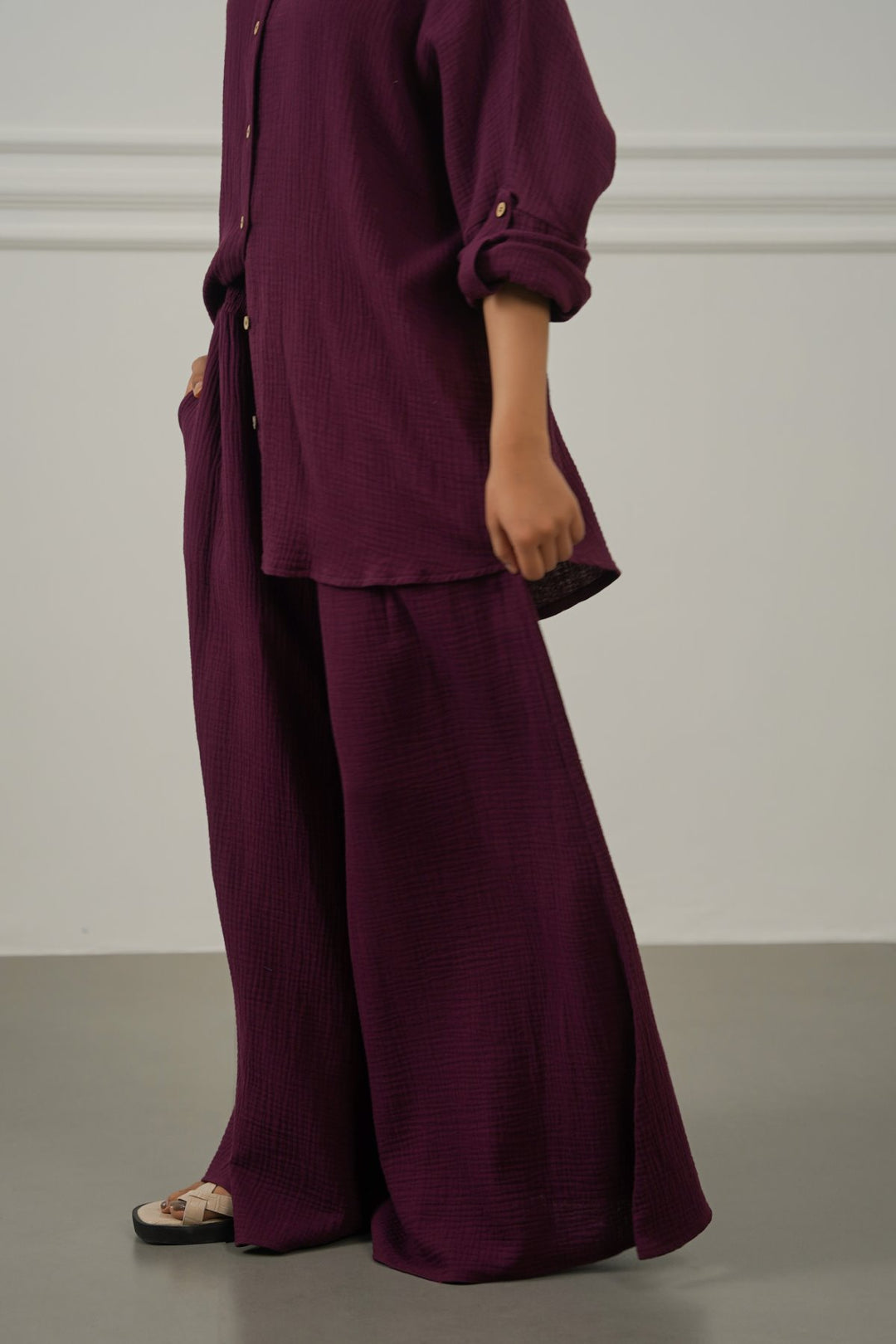 WINE SMOCKED WAIST MUSLIN PANTS