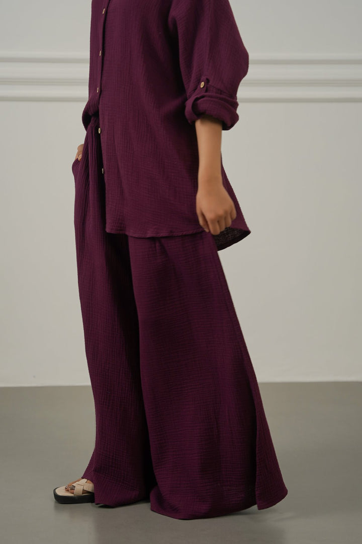 WINE SMOCKED WAIST MUSLIN PANTS