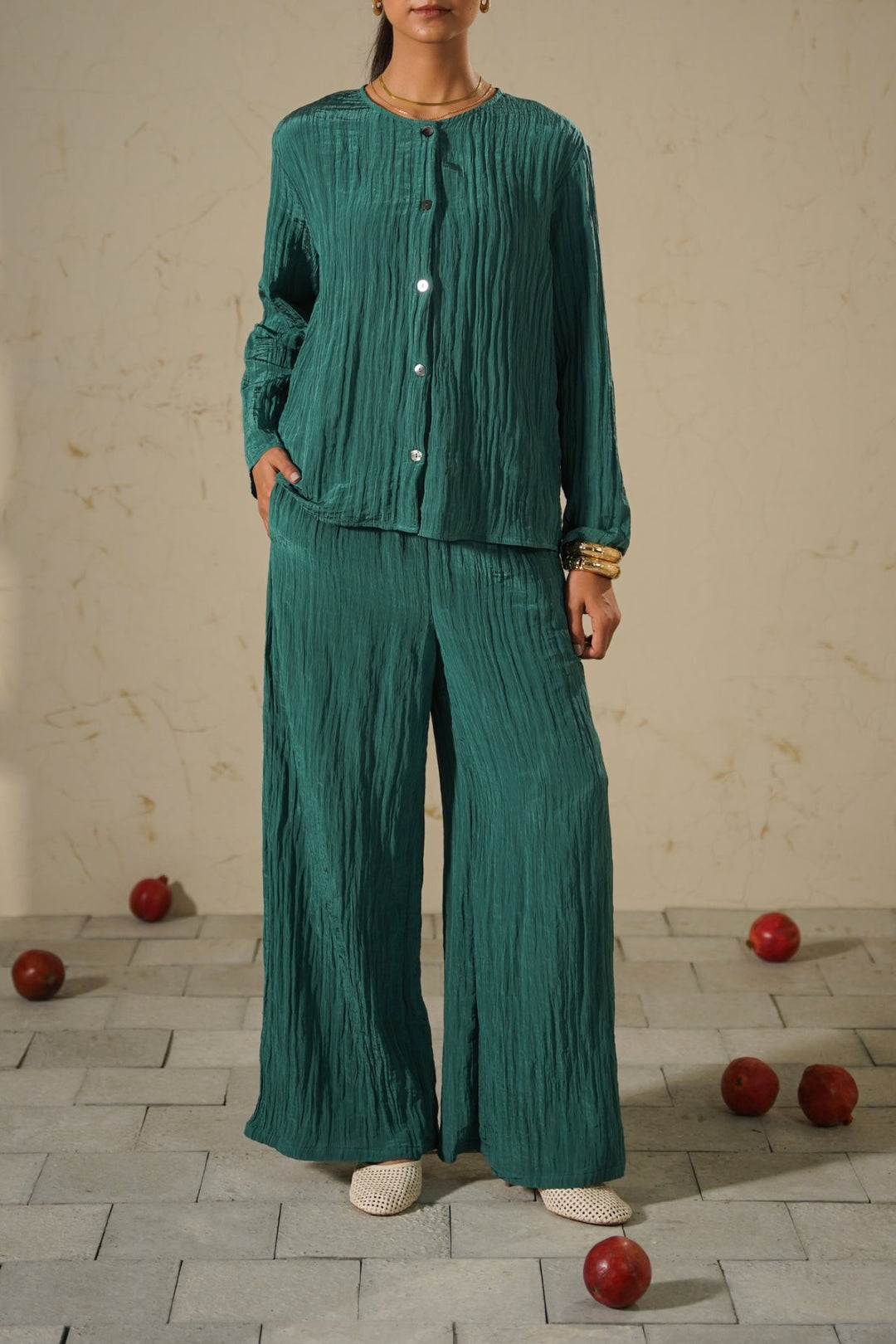 TURQUOISE CRINKLE WIDE PANTS