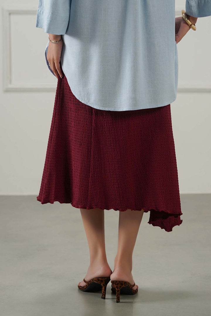 BURGUNDY ASYMMETRIC CRINKLE SKIRT
