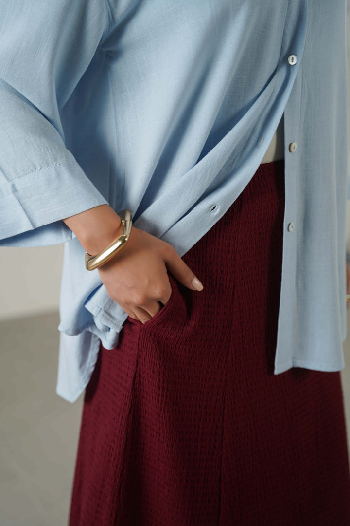 BURGUNDY ASYMMETRIC CRINKLE SKIRT