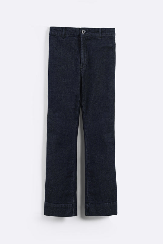 DARK BLUE MID-RISE KICK FLARE JEANS