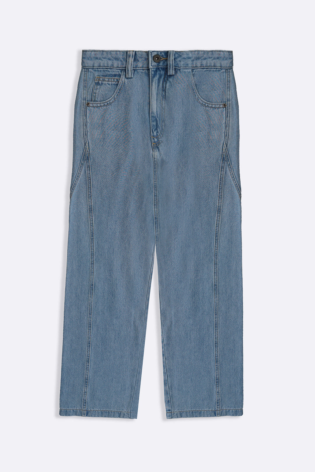 MID BLUE MID RISE BARREL JEANS