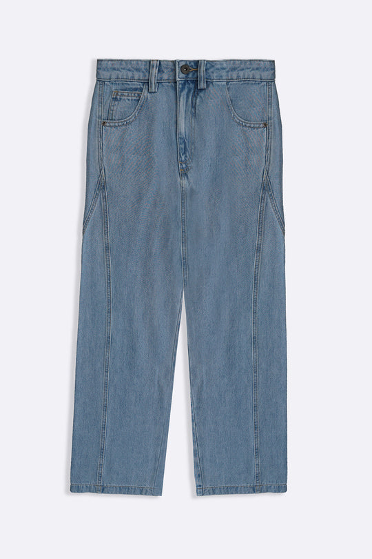 MID BLUE MID RISE BARREL JEANS