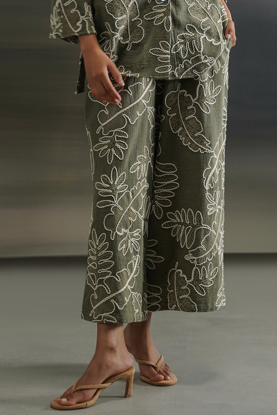GREEN CORD COTTON EMBROIDERY CULOTTES