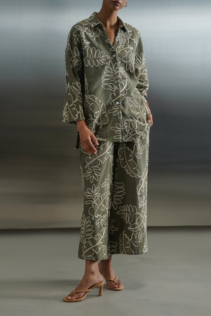 GREEN CORD COTTON EMBROIDERY CULOTTES
