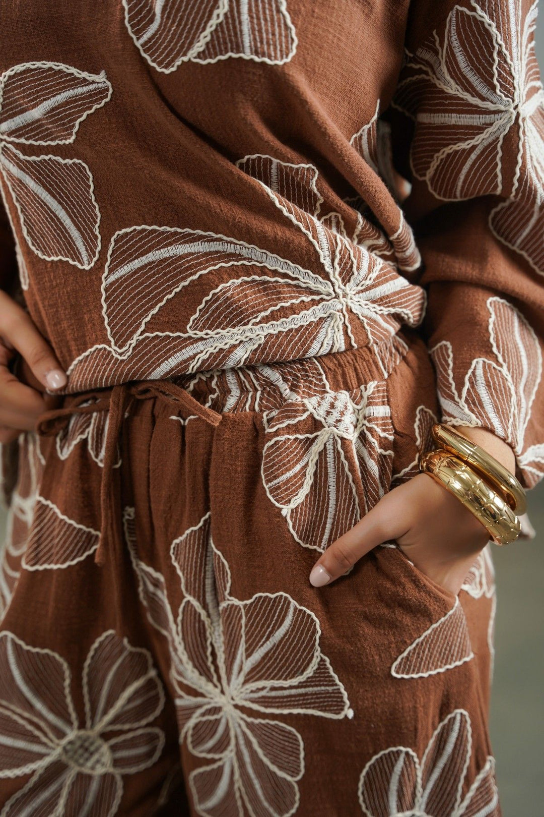 BROWN CORD COTTON EMBROIDERY CULOTTES