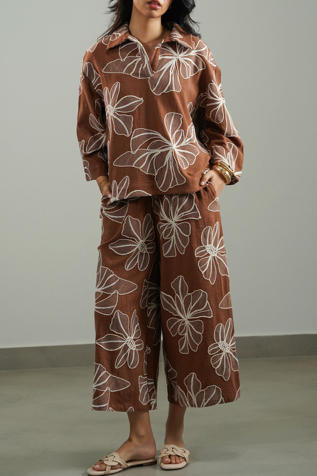 BROWN CORD COTTON EMBROIDERY CULOTTES