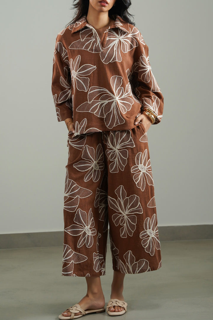 BROWN CORD COTTON EMBROIDERY CULOTTES