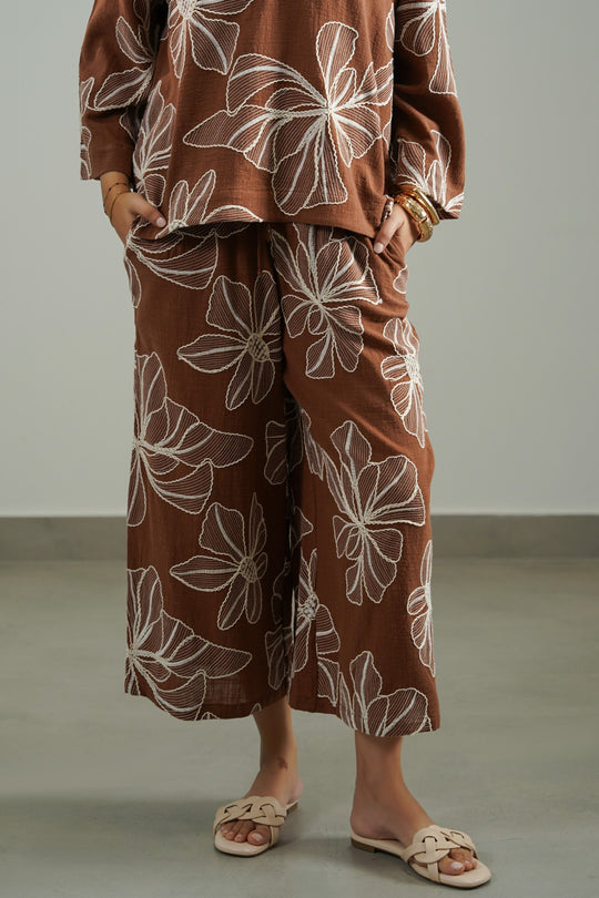 BROWN CORD COTTON EMBROIDERY CULOTTES