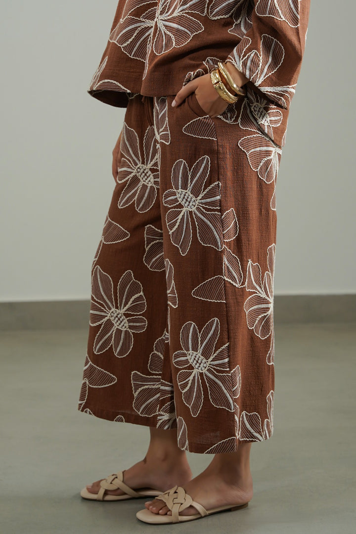 BROWN CORD COTTON EMBROIDERY CULOTTES