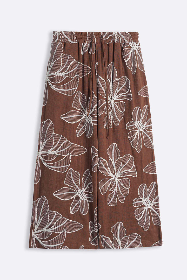 BROWN CORD COTTON EMBROIDERY CULOTTES