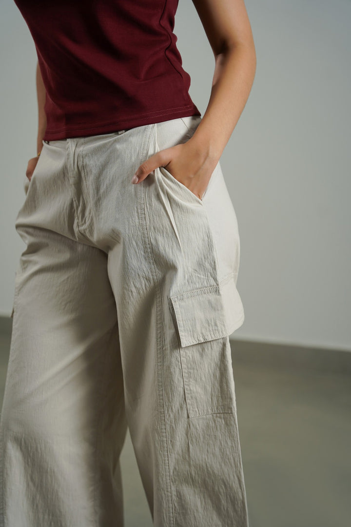 BEIGE COTTON LINEN CARGO PANTS