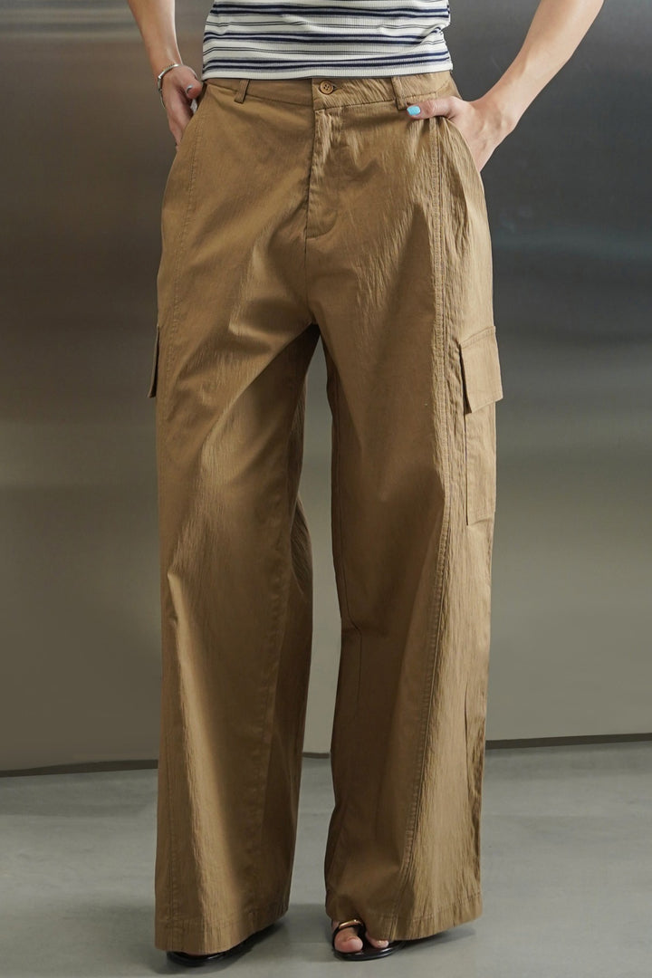 BROWN COTTON LINEN CARGO PANTS