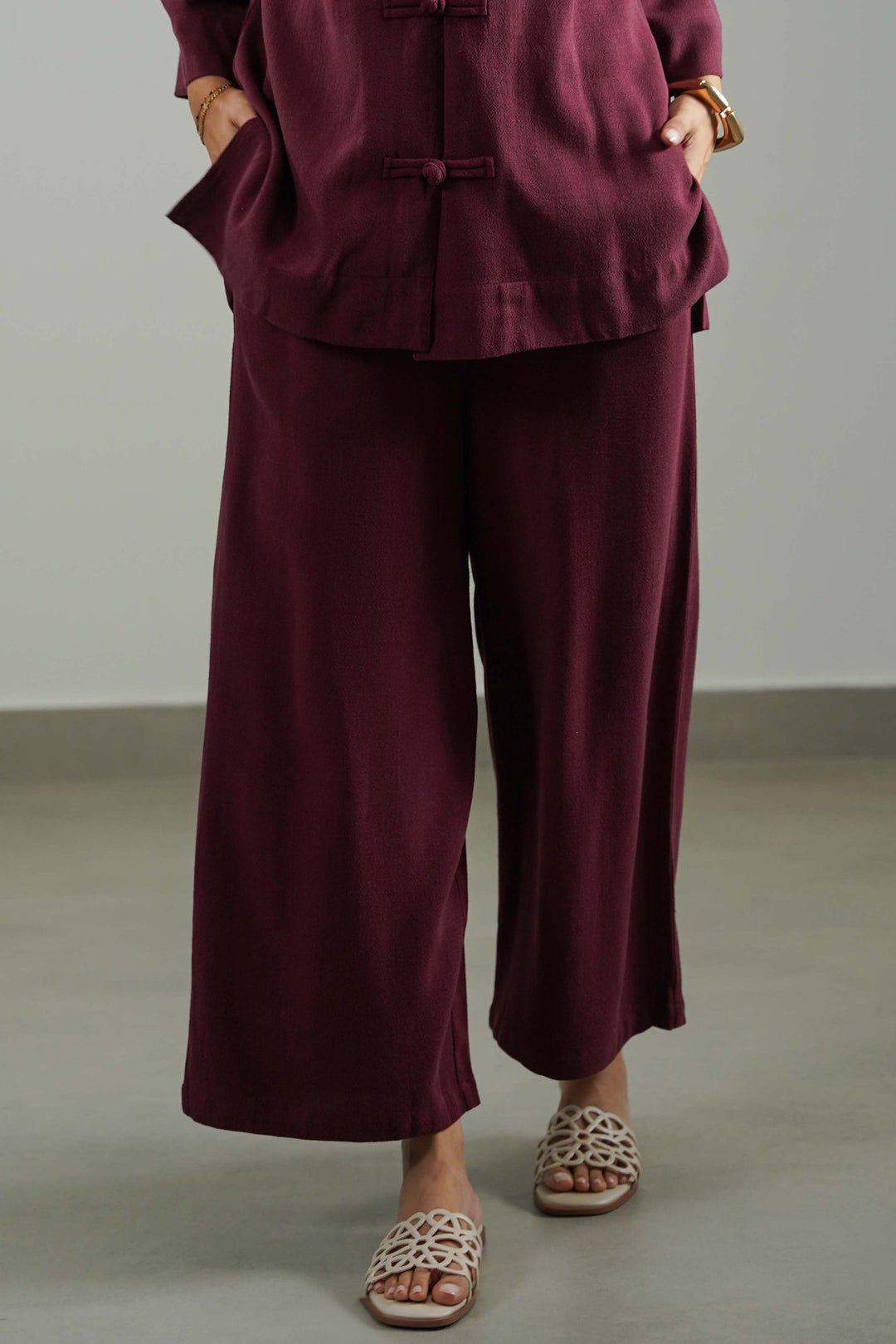 BURGUNDY SIGNATURE LINEN BLEND PANTS
