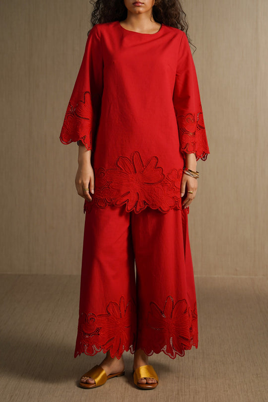 RED BOTANICAL CUTWORK PANTS