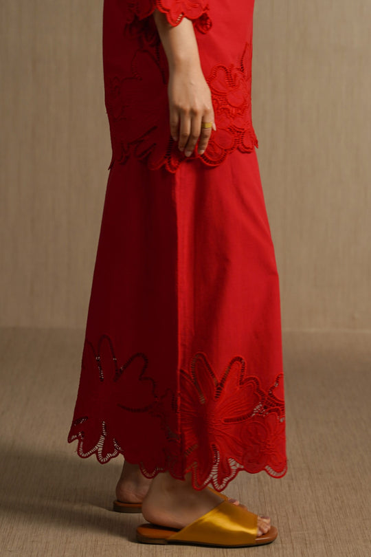 RED BOTANICAL CUTWORK PANTS