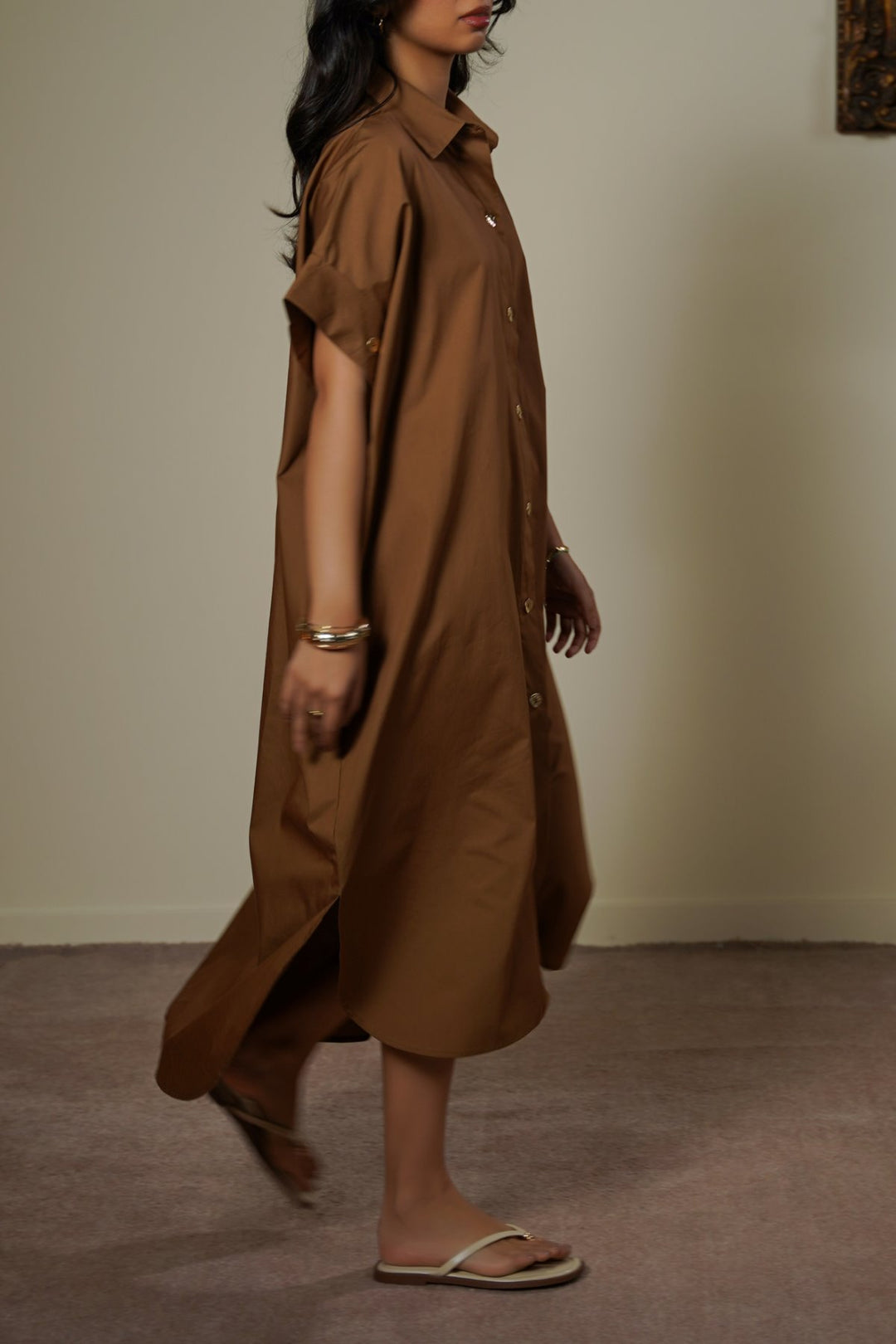 BROWN ONE SIZE COTTON SHIRT DRESS