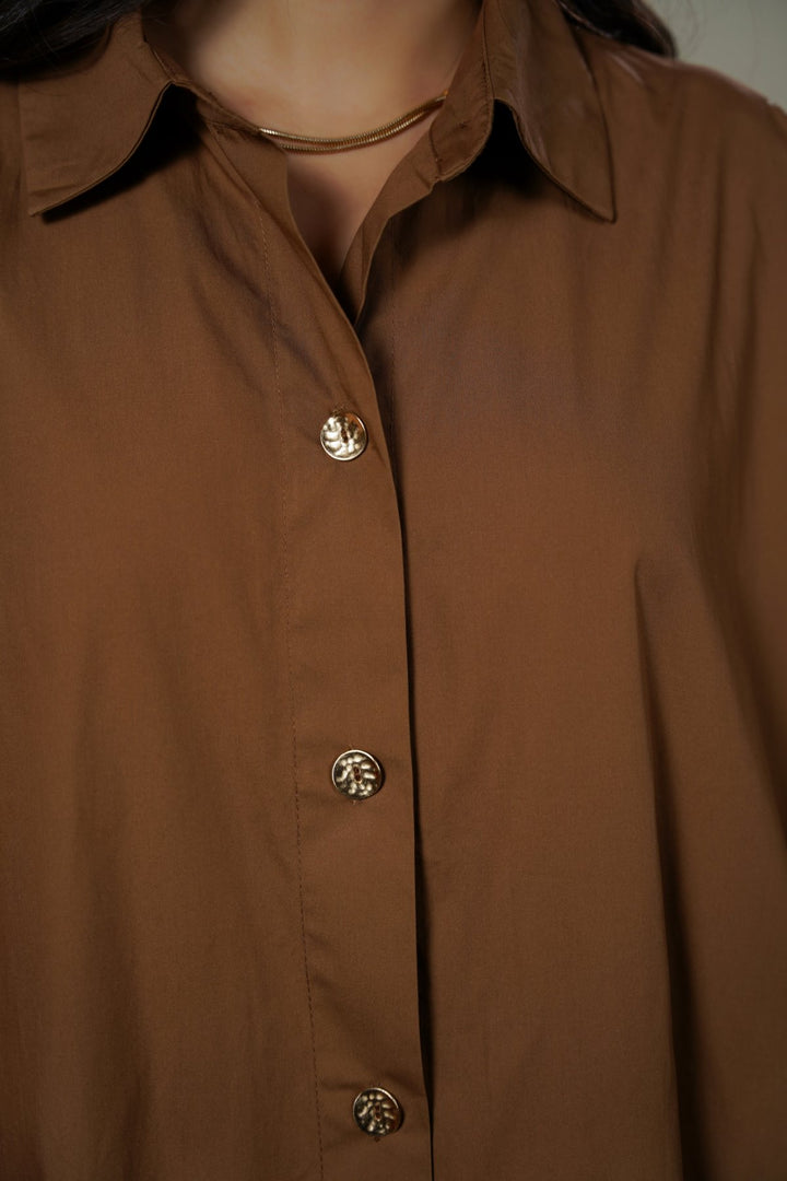 BROWN ONE SIZE COTTON SHIRT DRESS