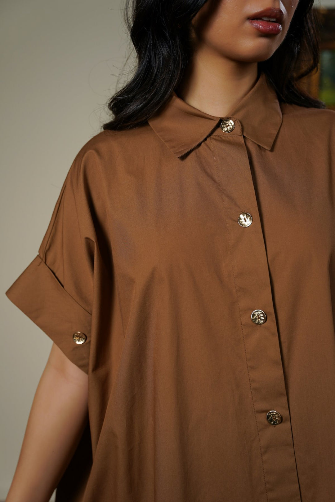 BROWN ONE SIZE COTTON SHIRT DRESS