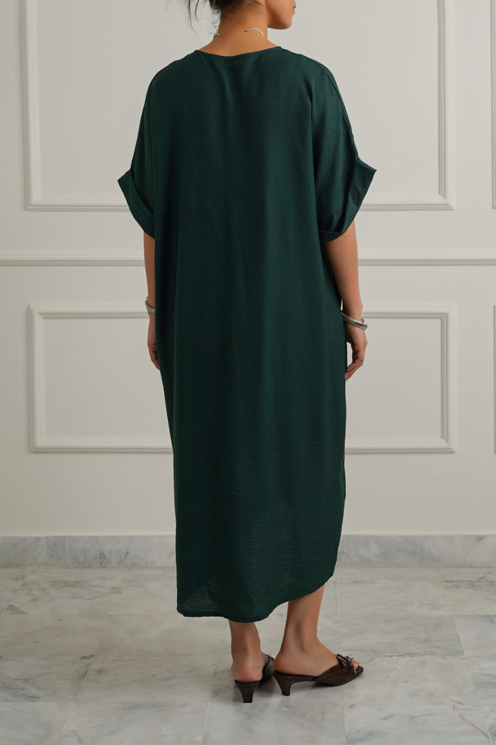 GREEN ASYMMETRICAL RUCHED DRESS