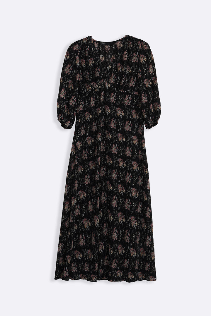 BLACK CRINKLE NIGHT BLOOM DRESS