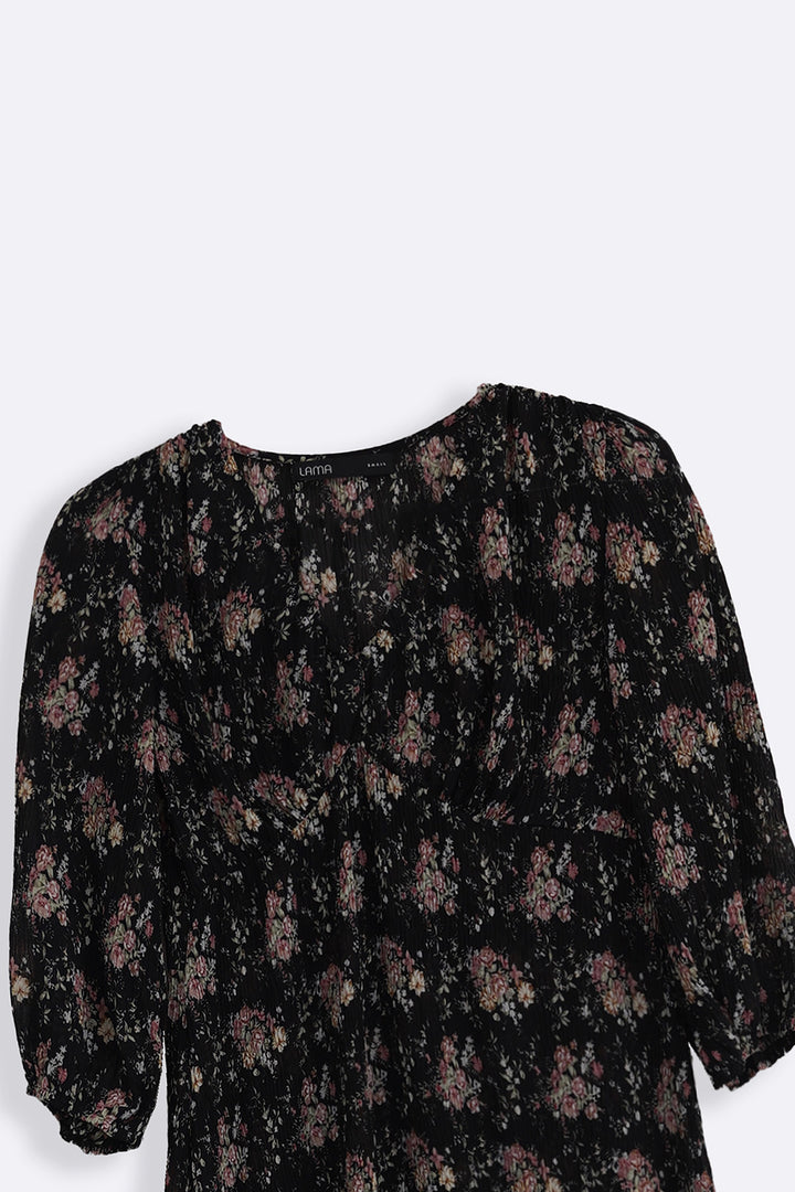 BLACK CRINKLE NIGHT BLOOM DRESS