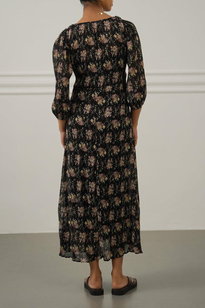 BLACK CRINKLE NIGHT BLOOM DRESS