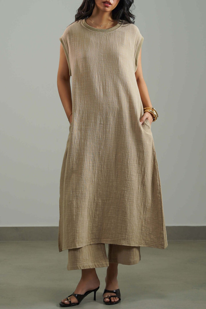 BEIGE RIB TRIM COTTON DRESS