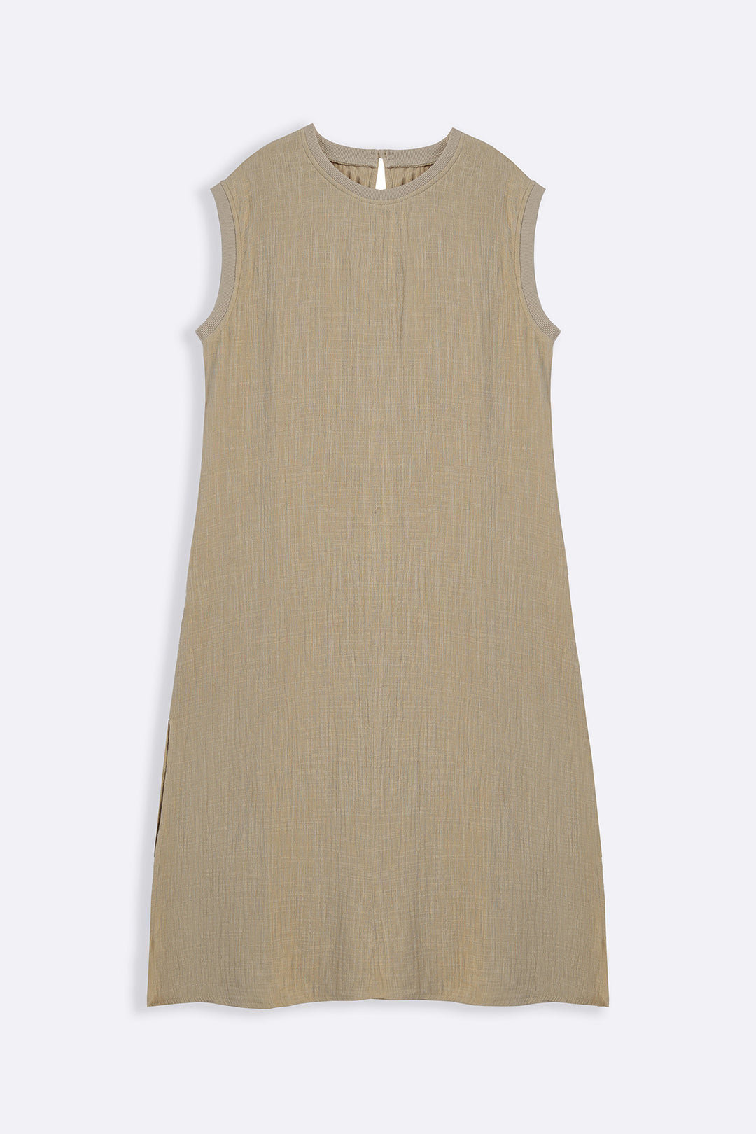 BEIGE RIB TRIM COTTON DRESS