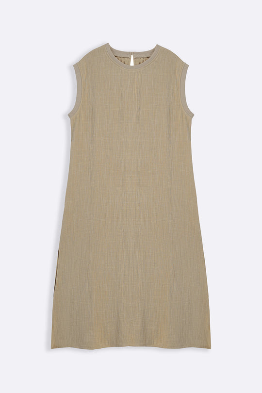 BEIGE RIB TRIM COTTON DRESS