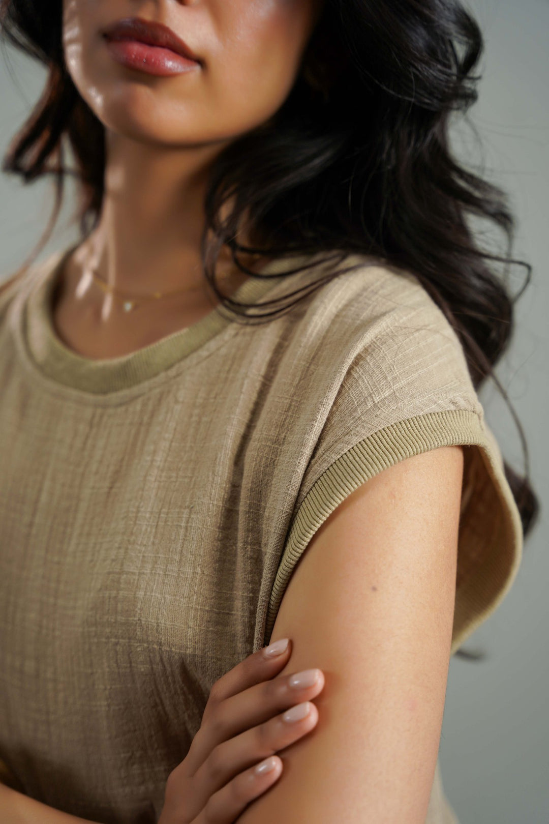BEIGE RIB TRIM COTTON DRESS
