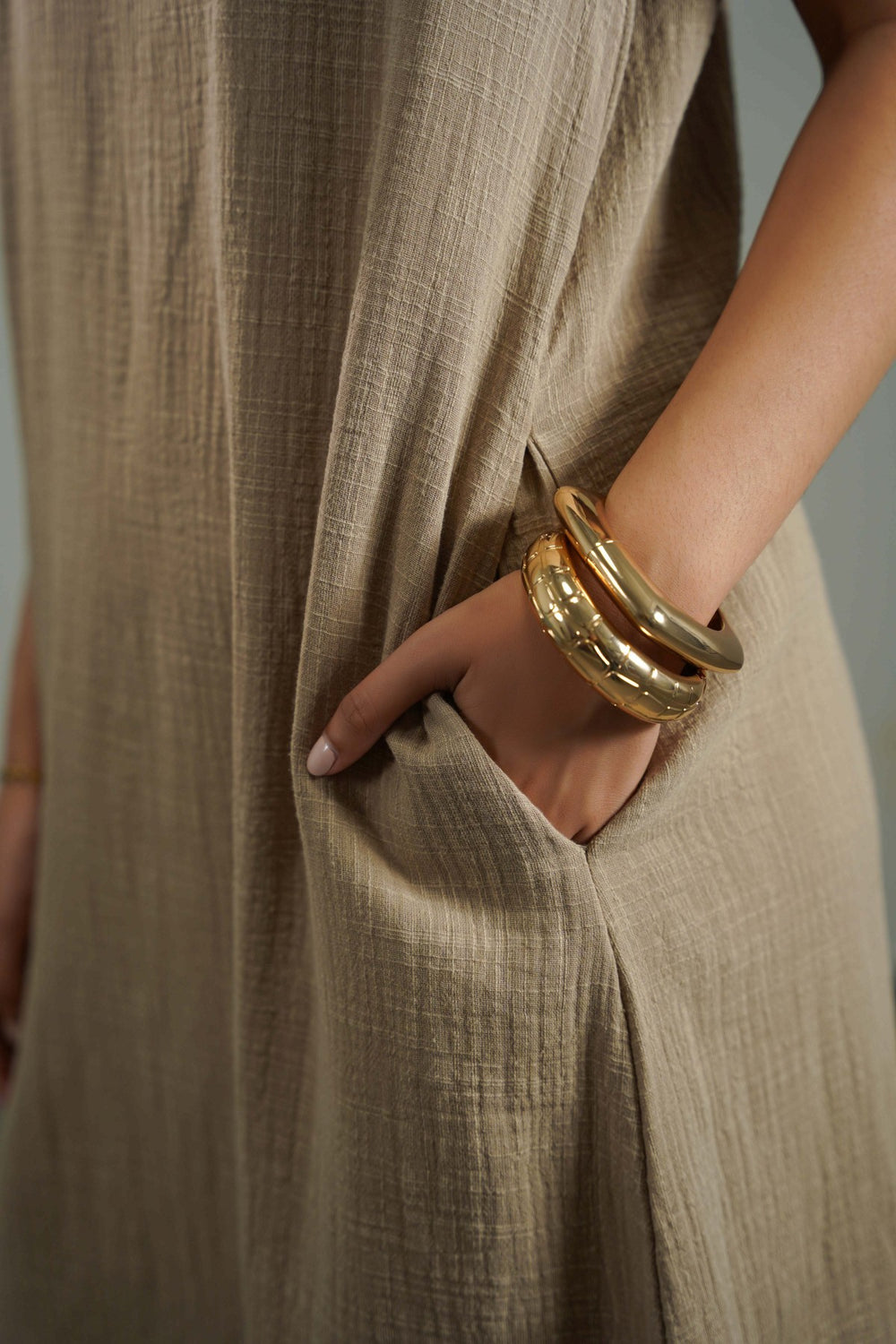 BEIGE RIB TRIM COTTON DRESS